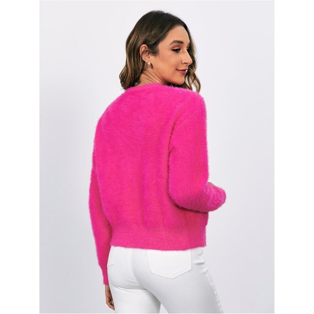 Women's Fuzzy Acrylic V Neck Button Down Long Sleeve Crop Cardigan - Picture 2 of 6
